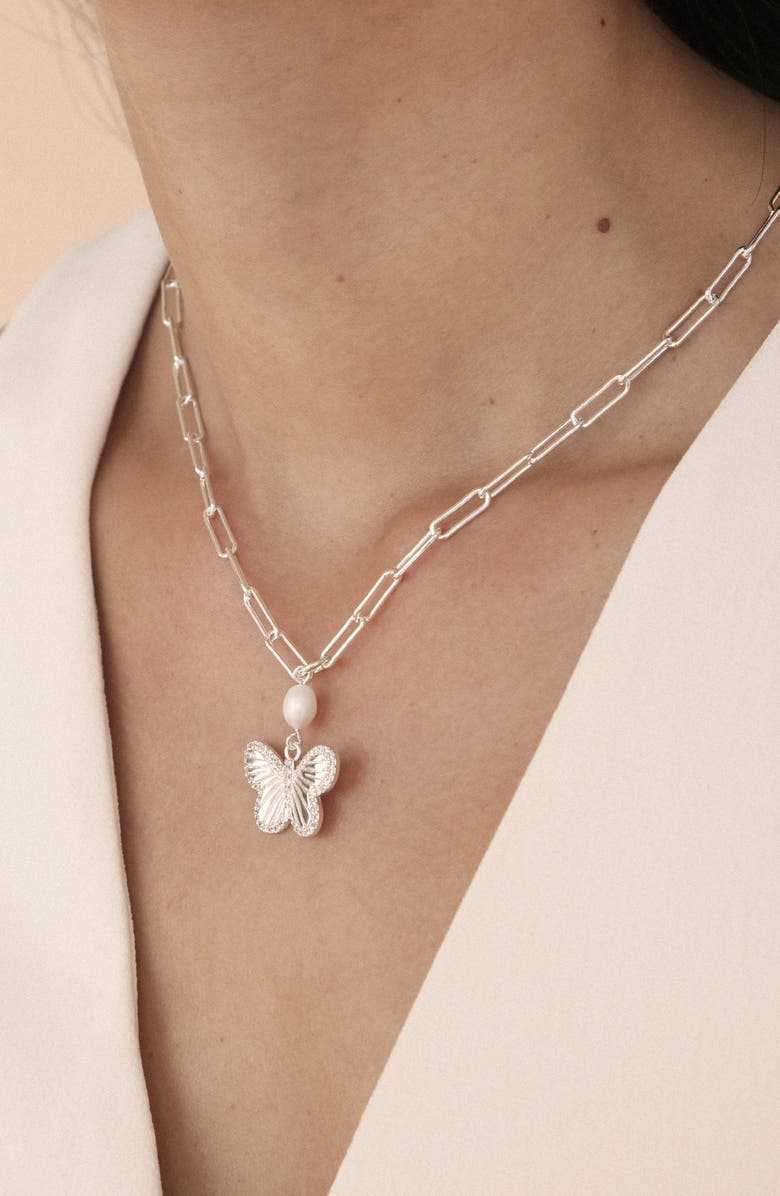 Ettika Butterlfy & Freshwater Pearl Pendant Necklace, Alternate, color, Silver