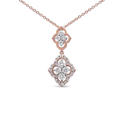 14K Rose Gold 3/4 Cttw Round Diamond Double Quatrefoil Pendant Necklace