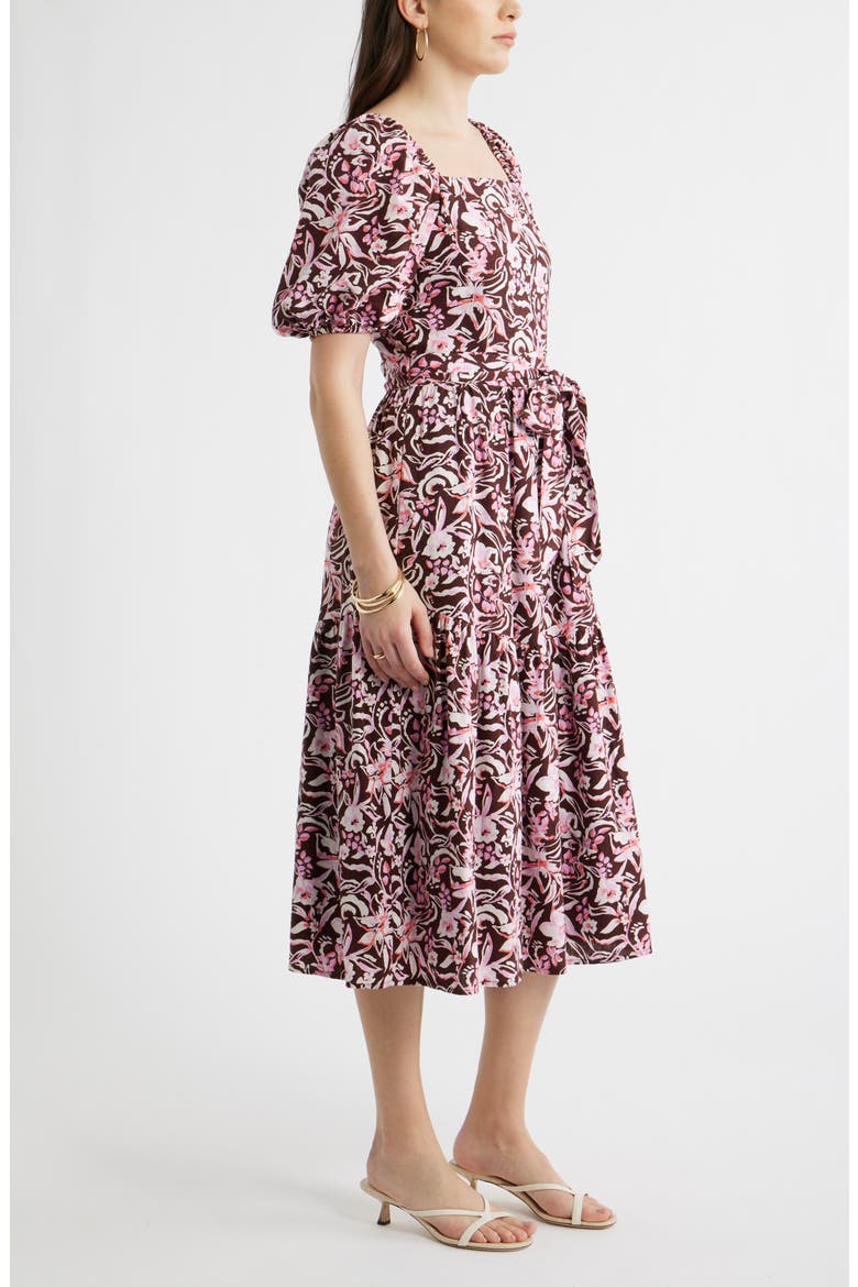 Puff Sleeve Linen Blend Midi Dress, Alternate, color, BROWN CHOCOLATE DAISY GARDEN