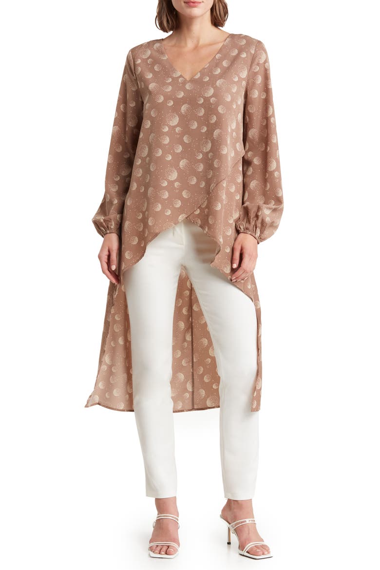 Geo Print Long Sleeve High-Low Blouse, Main, color, TAUPE