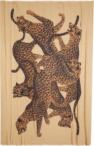 Saint Laurent Leopard Print Wool Fringe Scarf