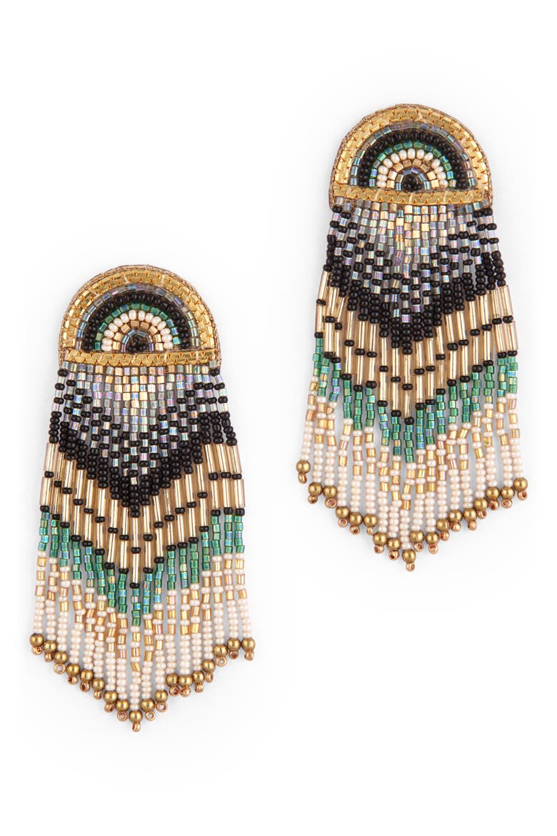 Lisander Beaded Fringe Drop Earrings, Main, color, TEAL