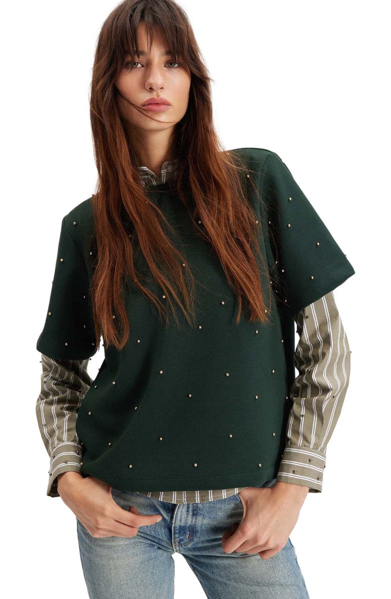 THEO The Label Echo Mix Stripe Pearly Shirt, Alternate, color, Tapenade/Gunmetal
