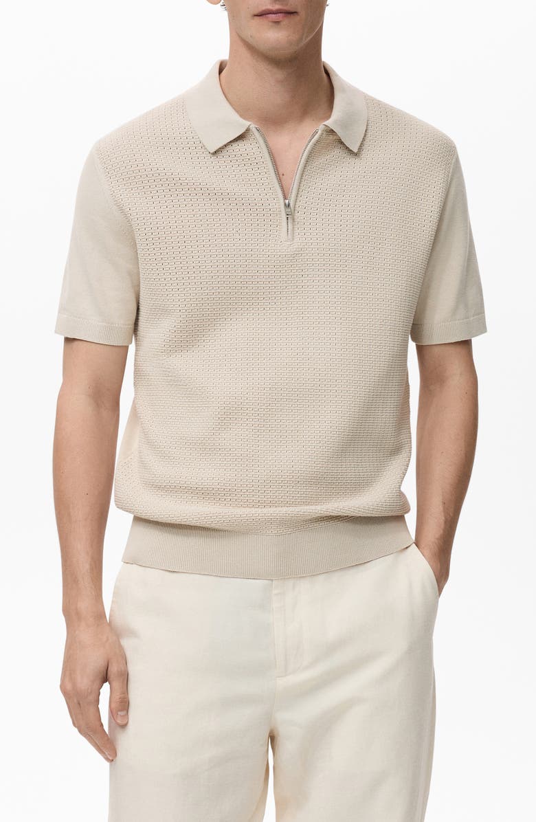 MANGO Openwork Knit Quarter Zip Polo, Main, color, 