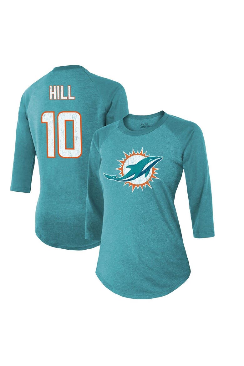 Women's Majestic Threads Tyreek Hill Aqua Miami Dolphins Name & Number Raglan 3/4 Sleeve T-Shirt, Main, color, Aqua