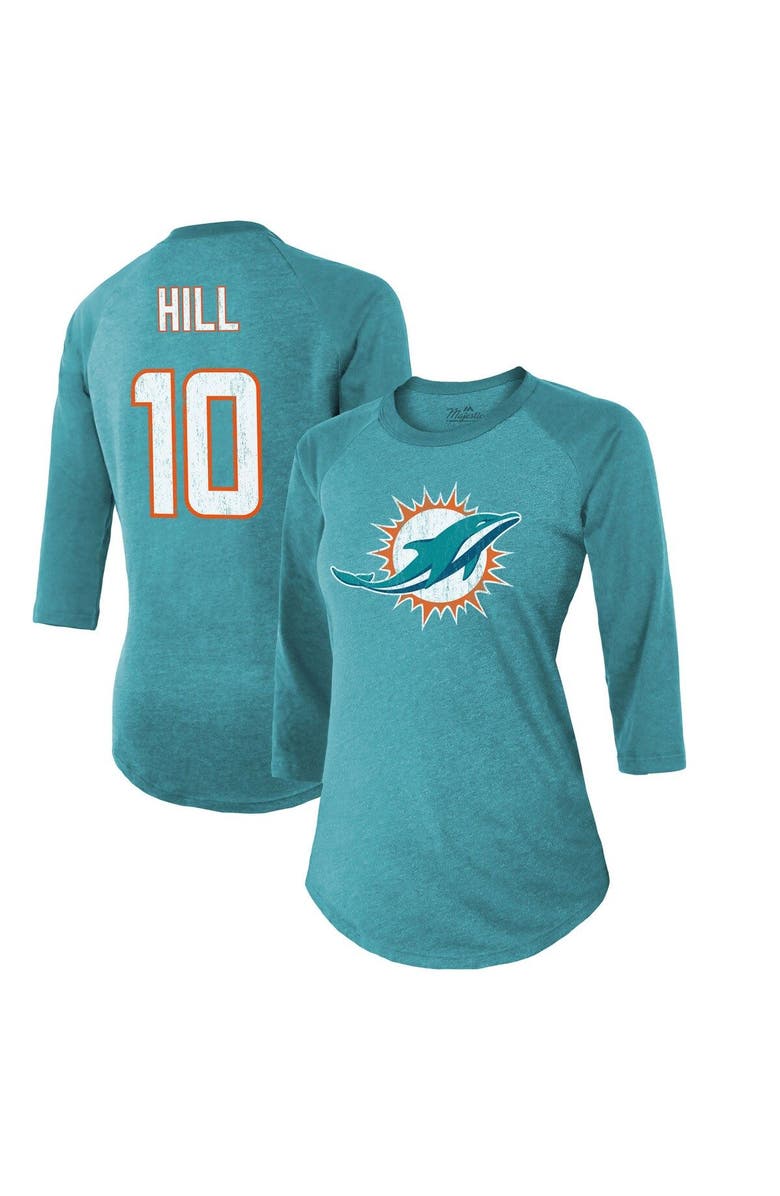 Majestic Threads Women's Majestic Threads Tyreek Hill Aqua Miami Dolphins Name & Number Raglan 3/4 Sleeve T-Shirt, Main, color, Aqua