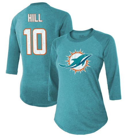 Women
s Majestic Threads Tyreek Hill Aqua Miami Dolphins Name 
Number Raglan 3/4 Sleeve T-Shirt