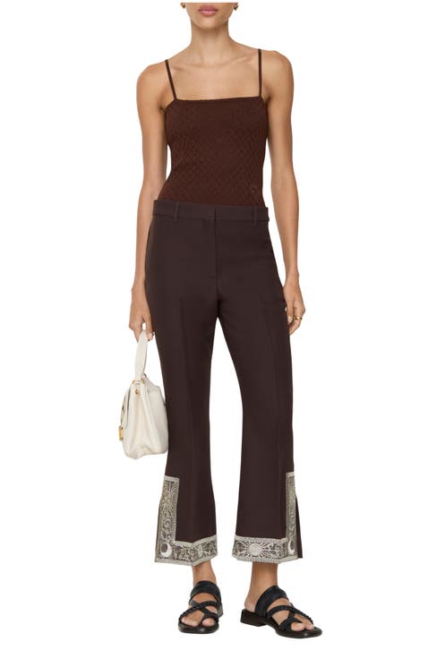 Cropped Embroidered Wool Silk Flared Trousers
