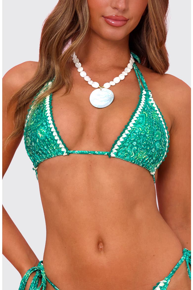Crochet Trim Halter Bikini Top, Main, color, EMERALD AURA