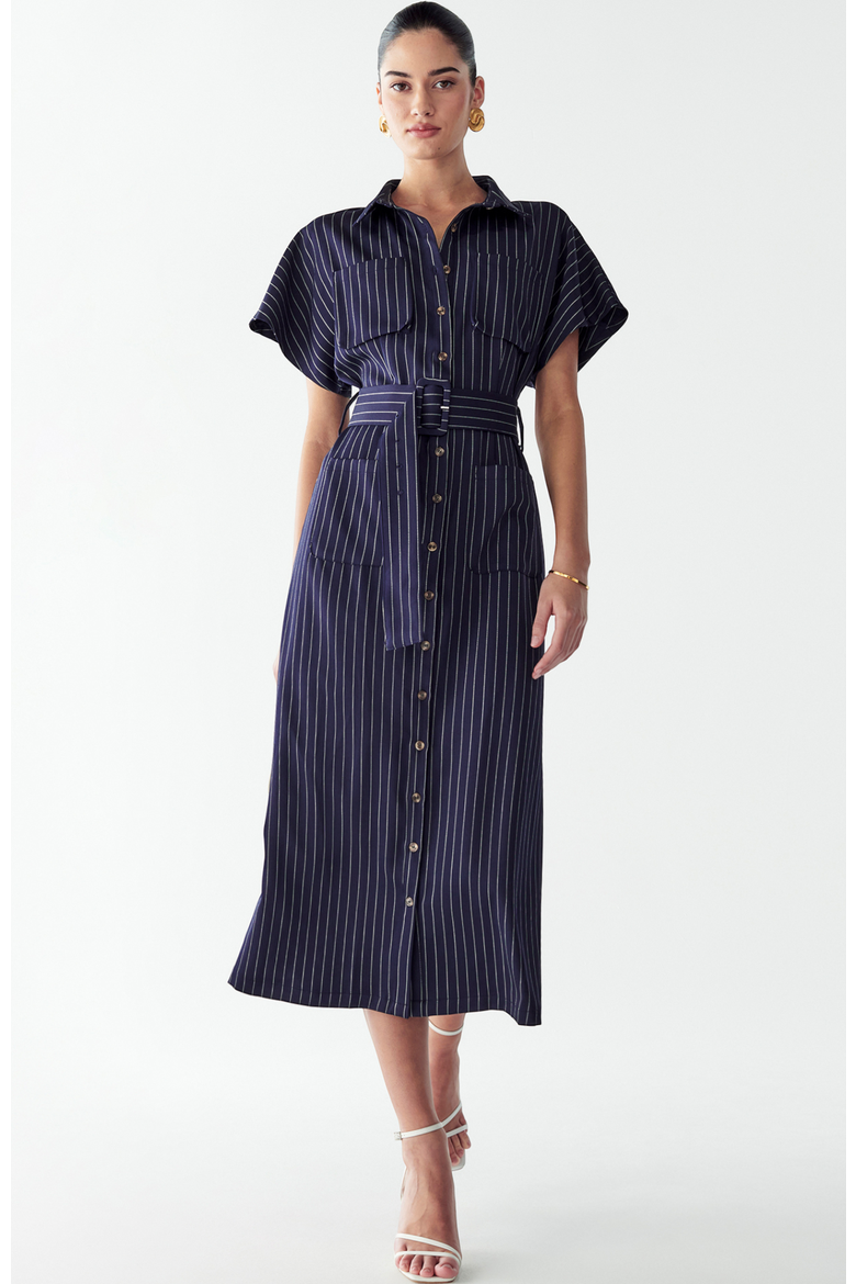 Wichita Midi Dress, Alternate, color, Navy Pinstripe