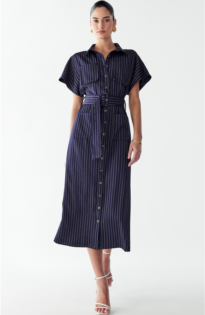 WILLA Wichita Midi Dress, Alternate, color, Navy Pinstripe