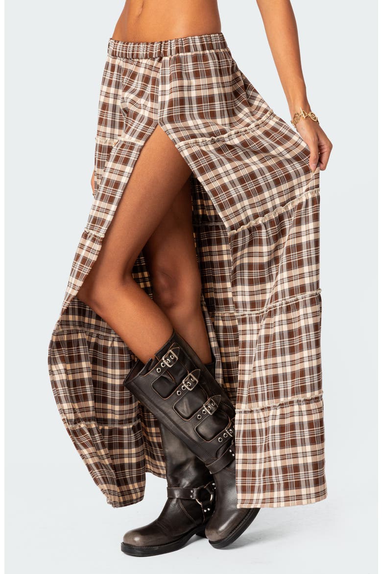 Plaid Tiered Side Slit Maxi Skirt, Alternate, color, BROWN