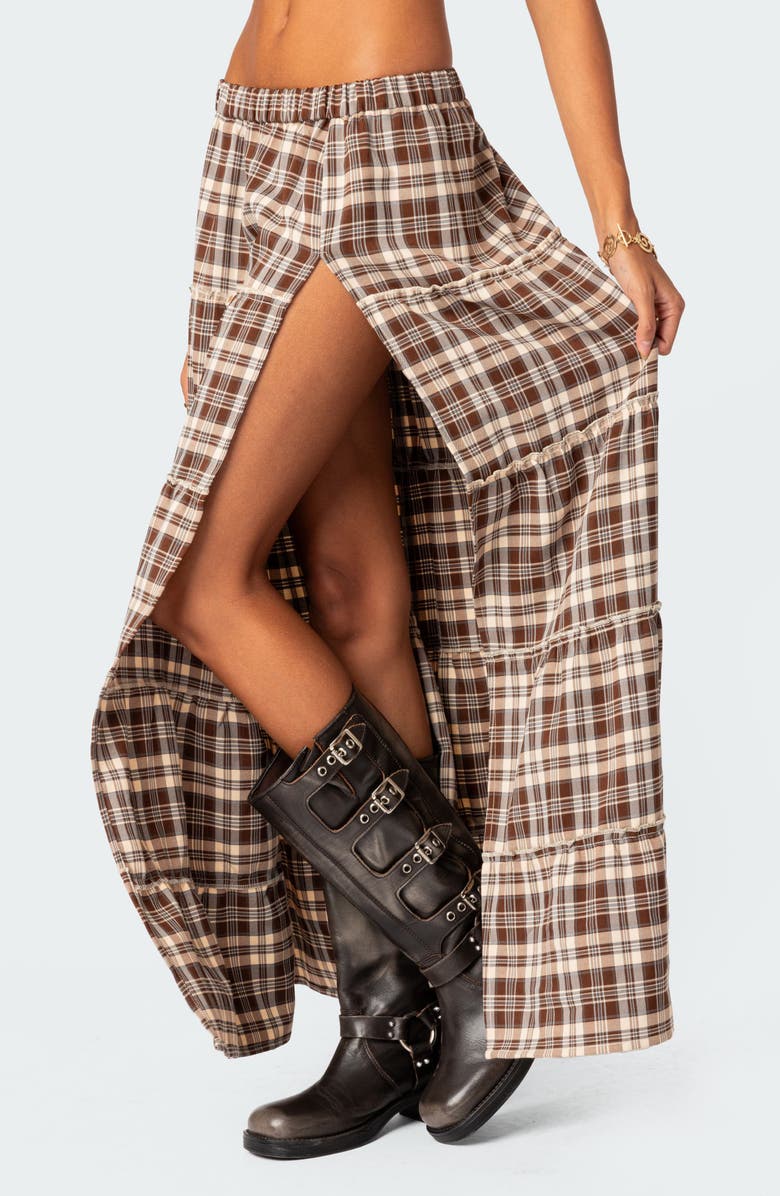 EDIKTED Plaid Tiered Side Slit Maxi Skirt, Alternate, color, Brown