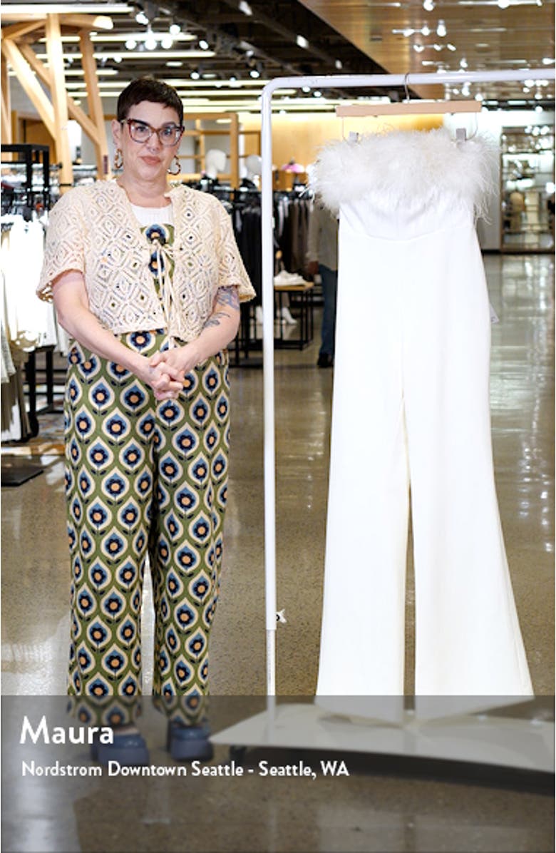 Colette Ostrich Feather Trim Belted Strapless Jumpsuit, sales video thumbnail