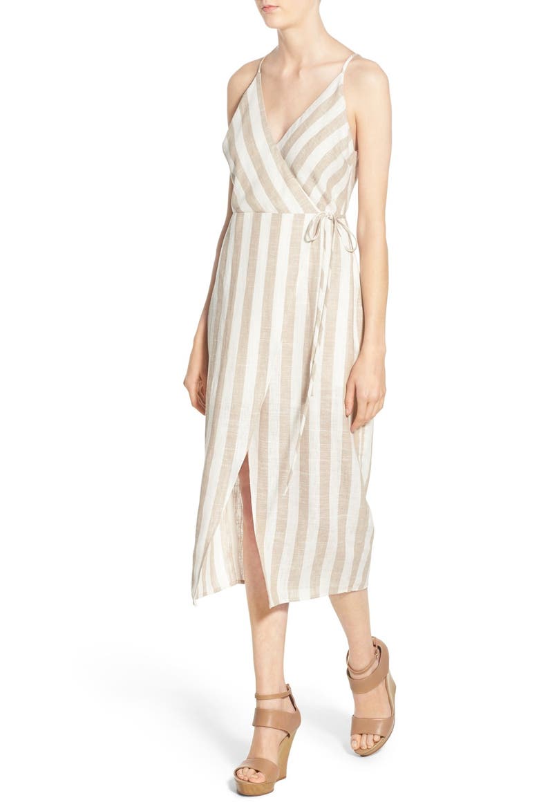 ASTR Linen Blend Wrap Dress, Alternate, color, WHITE-TAN