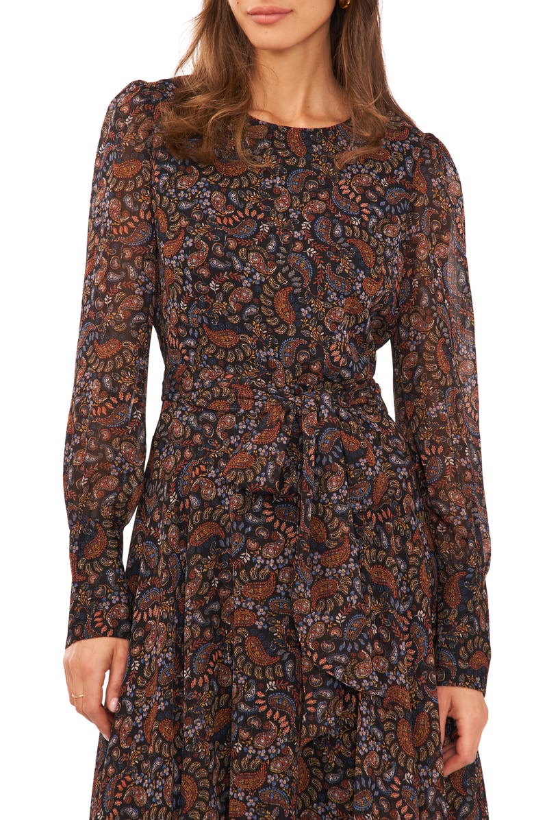 Halogen<sup>®</sup> Print Tie Waist Long Sleeve Maxi Dress, Alternate, color, Rich Black