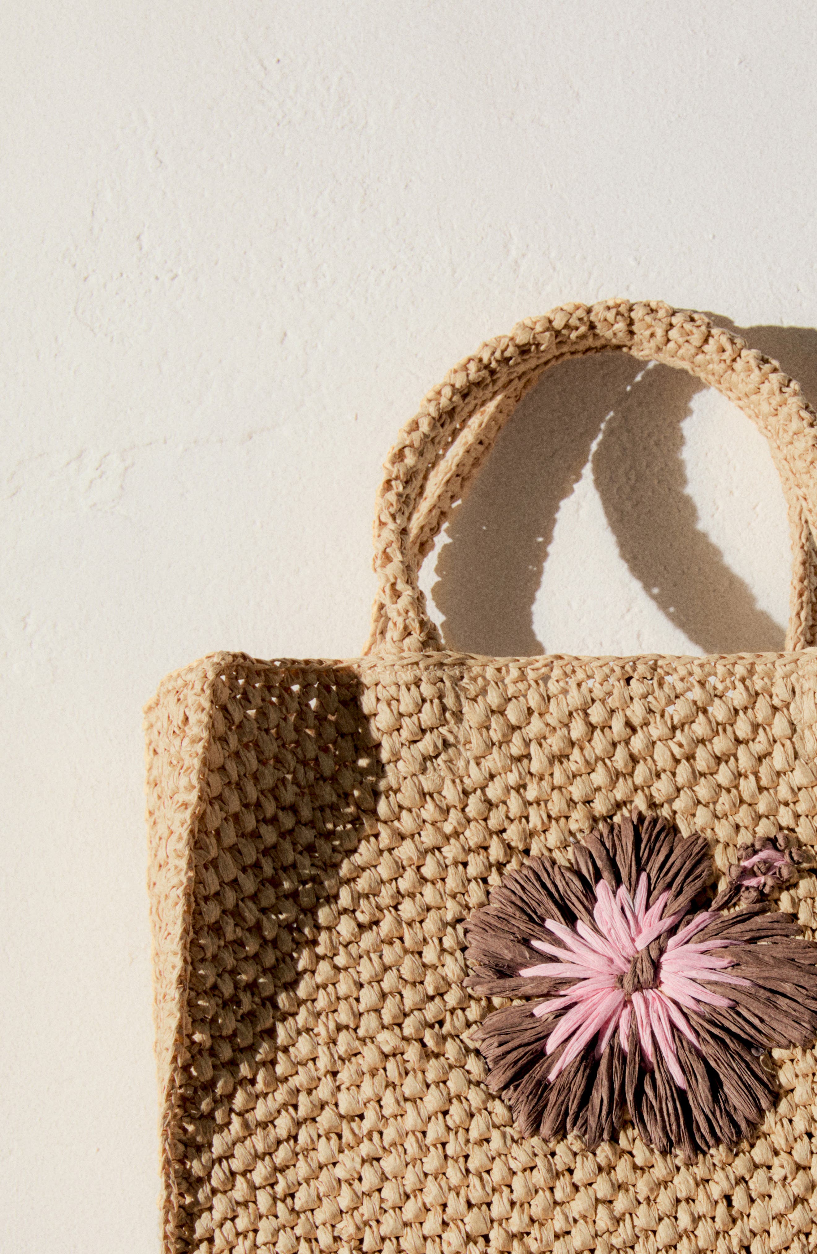 MANGO Flower Detail Raffia Tote, Alternate, color, 