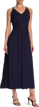 Nina Leonard Sleeveless Lace Trim Maxi Dress