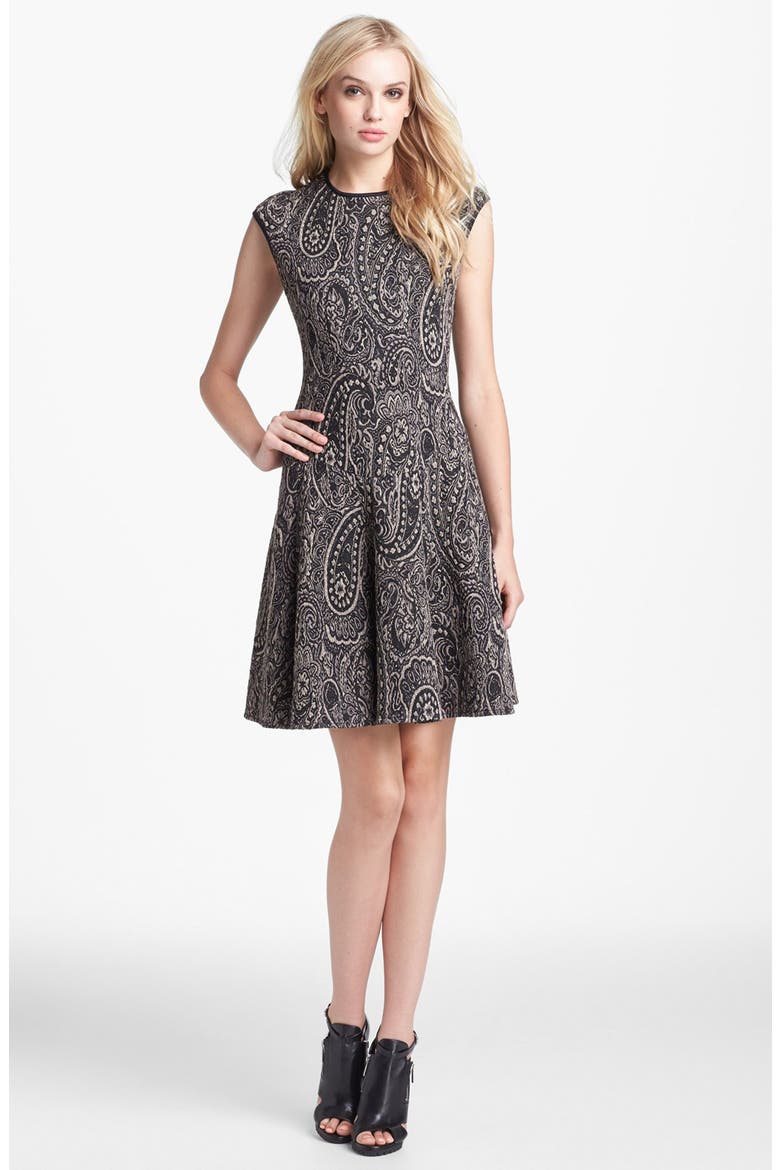 Jacquard Fit & Flare Sweater Dress, Main, color, BLACK/ KHAKI/ GOLD
