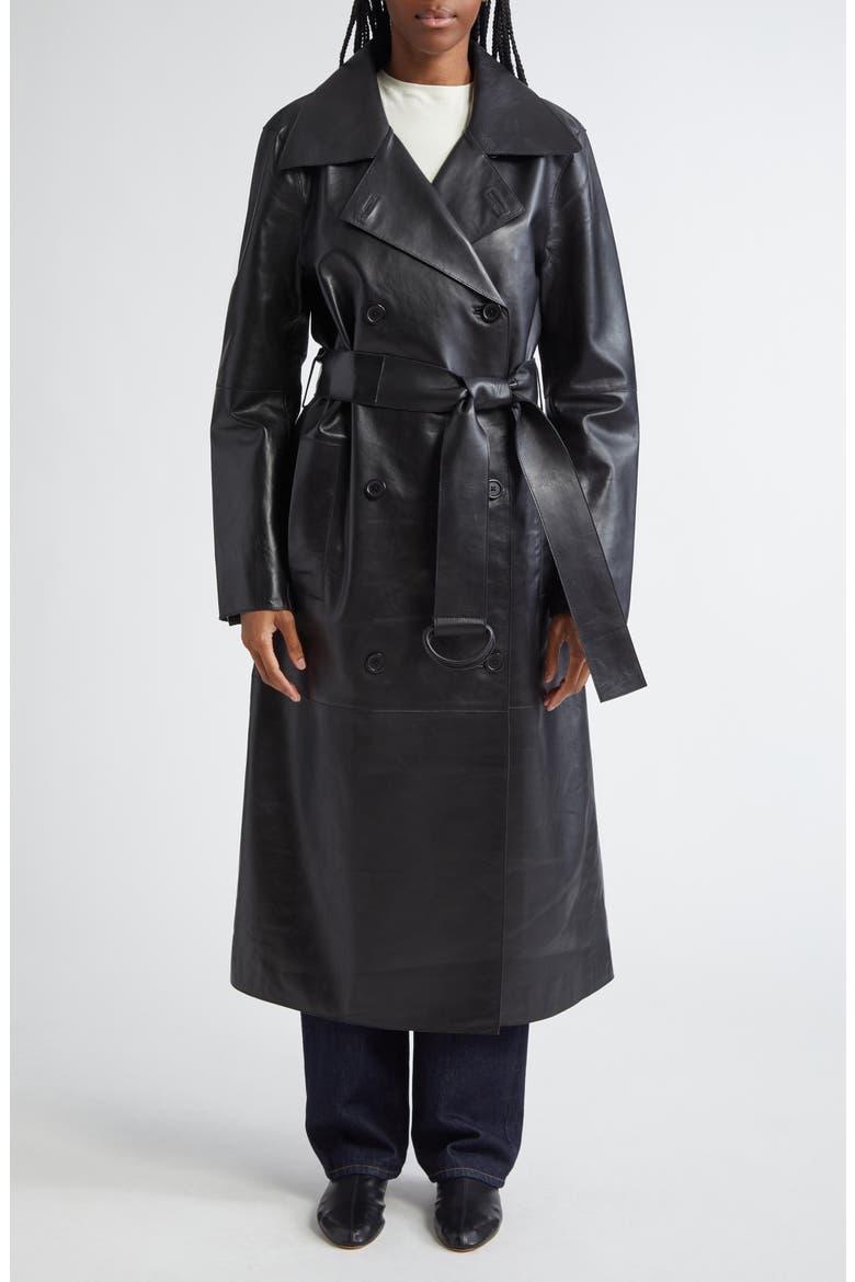 Paris Double Breasted Belted Lambskin Coat, Main, color, BLACK