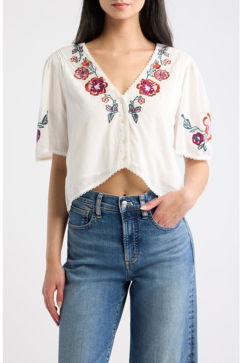 Brett Crop Embroidered Cotton Top, Main, color, IVORY