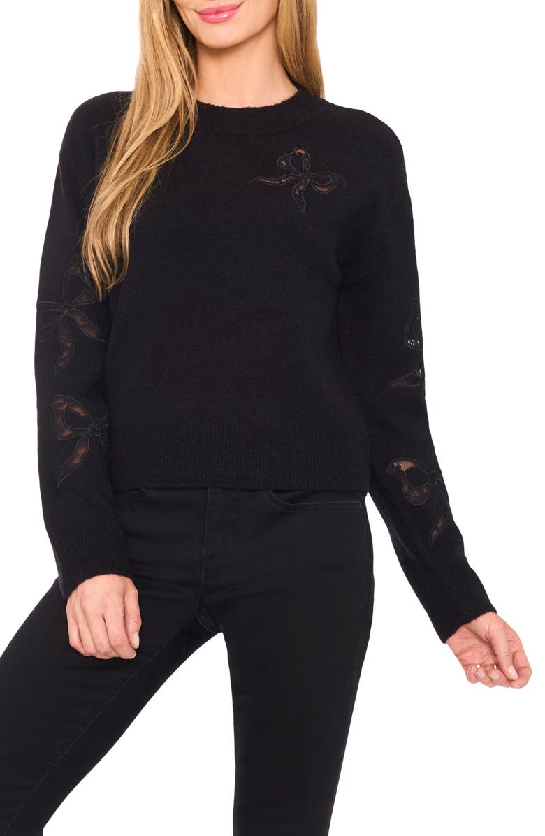 CeCe Lace Bow Inset Sweater, Main, color, Rich Black