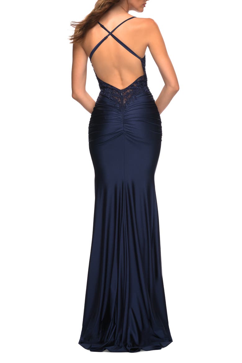 Jewel Tone Jersey Gown with Sheer Lace Bodice, Alternate, color, Navy