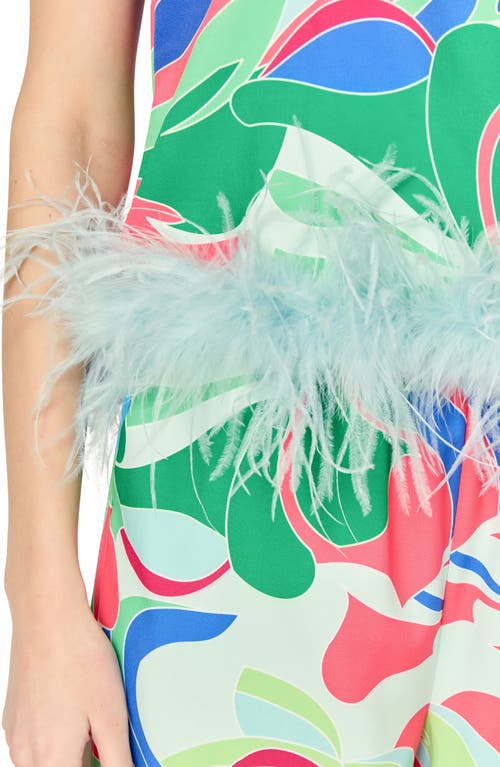 English Factory Abstract Print Feather Trim Sleeveless Top In Green/blue Multi