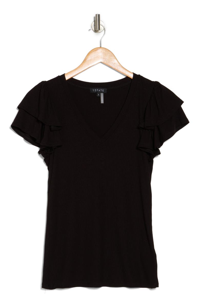 Flutter Sleeve Rib Top, Alternate, color, RICH BLACK