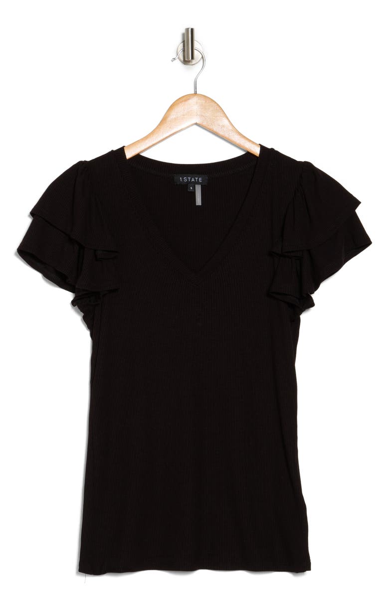 1.STATE Flutter Sleeve Rib Top, Alternate, color, Rich Black