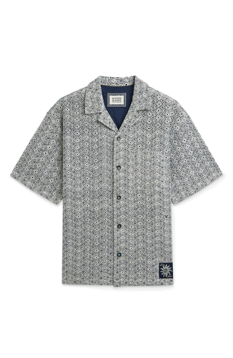 Scotch & Soda Relaxed Fit Print Camp Shirt, Alternate, color, Bright White