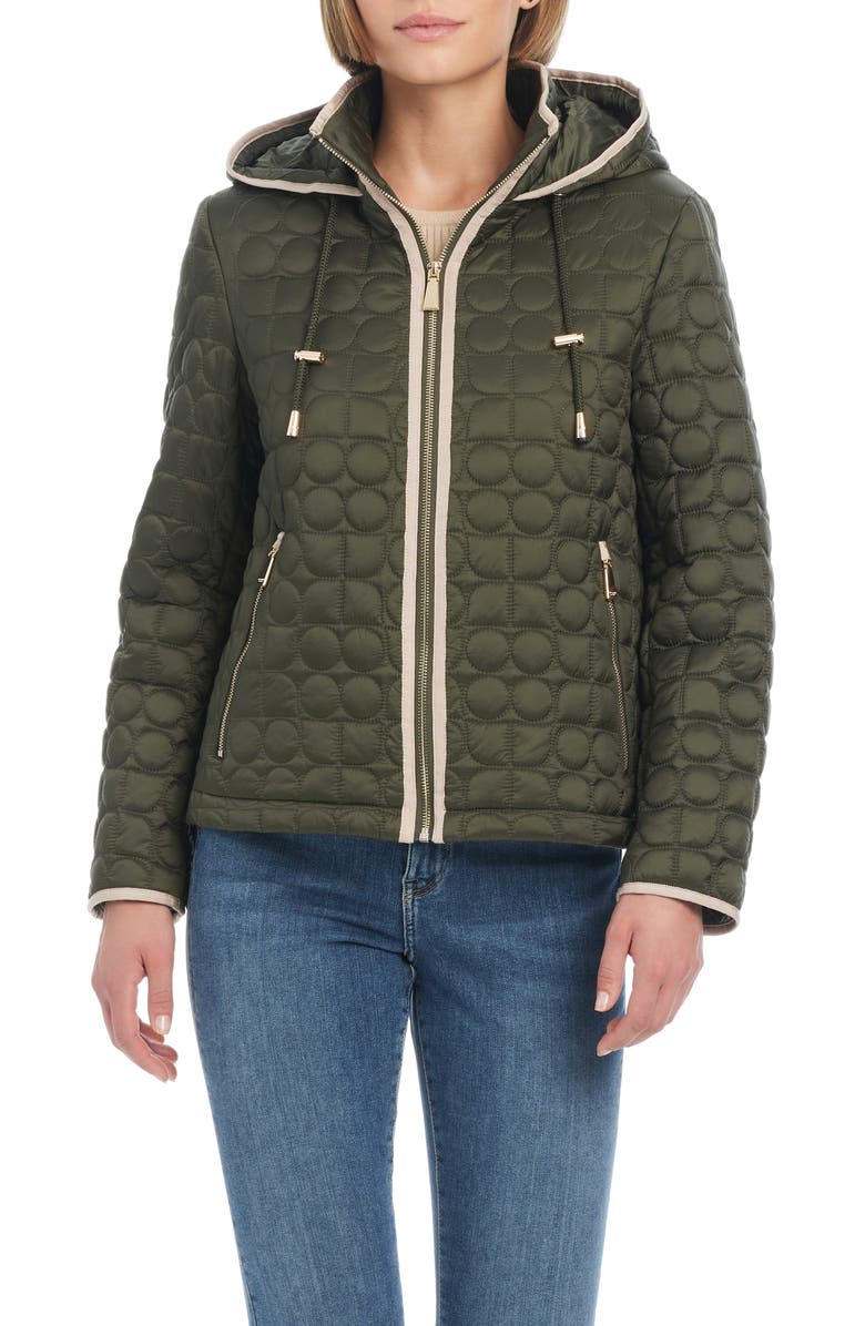 Kate Spade New York water resistant hooded quilted jacket, Main, color, New Dark Olive