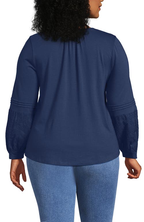 Lands' End Plus Size Lightweight Jersey Lace Mix Long Sleeve Pintuck Top In Blue