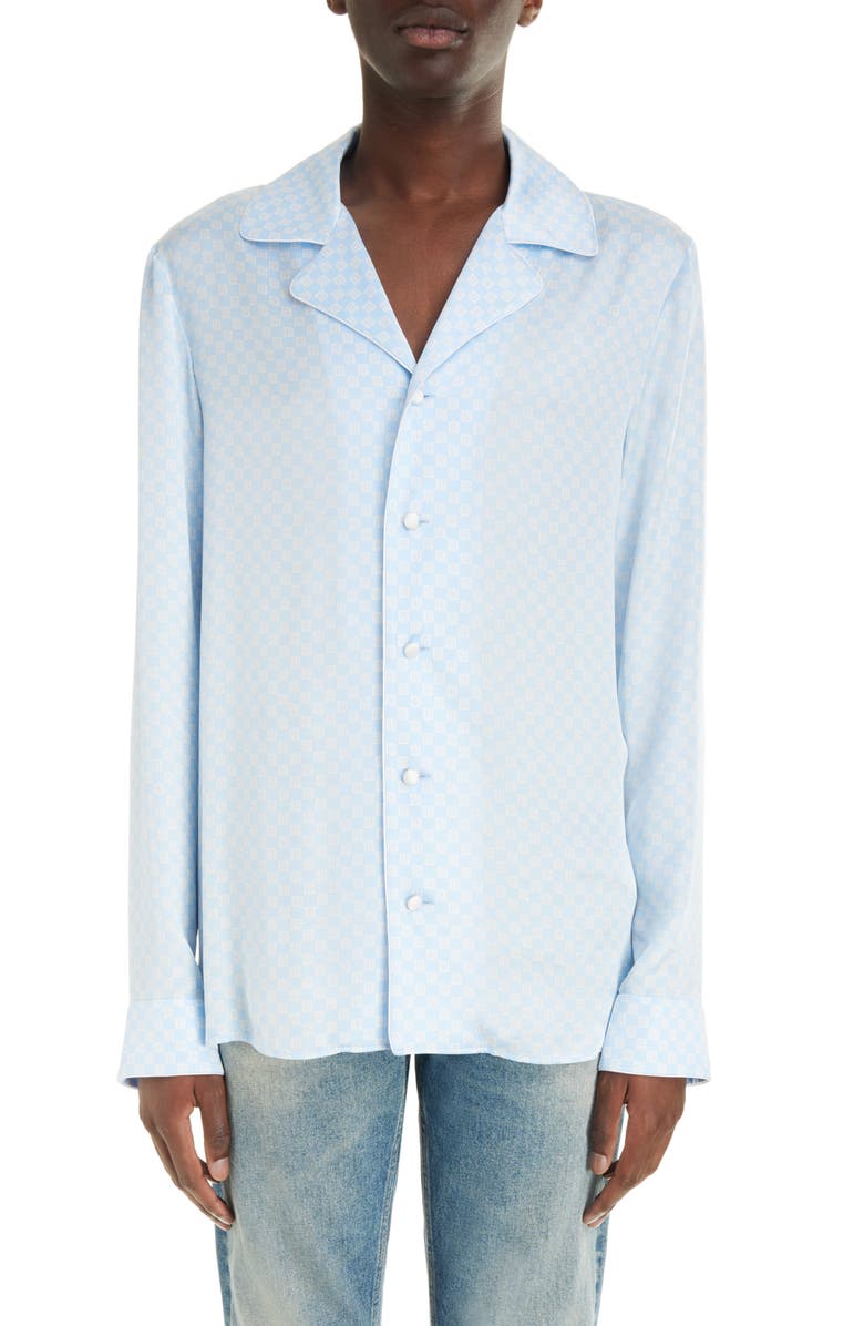 Balmain Mini Monogram Satin Button-Up Shirt, Main, color,