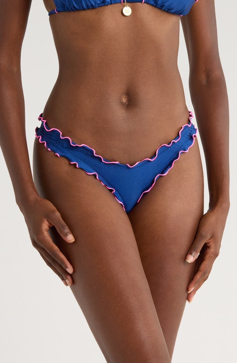 Kulani Kinis Lettuce Trim Thong Bikini Bottoms, Main, color, Mystic Moon