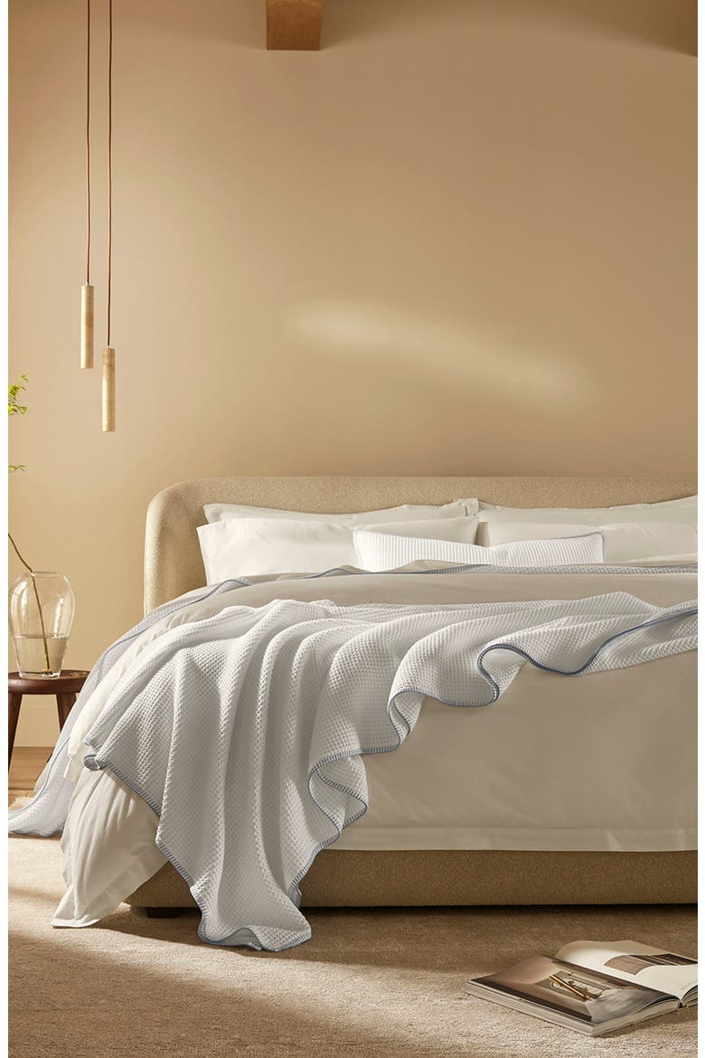 Organic Cotton Waffle Whipstitch Blanket, Alternate, color, WHITE/ HYDRANGEA