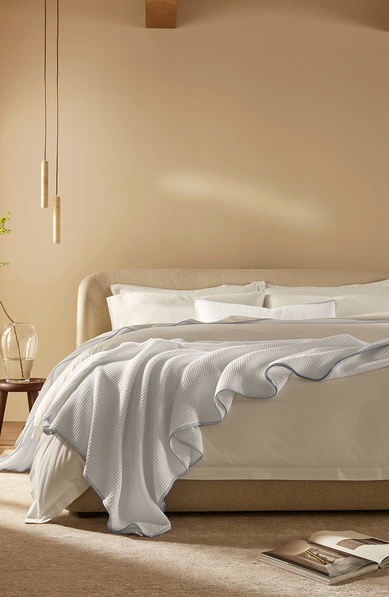 Boll & Branch Organic Cotton Waffle Blanket, Alternate, color, White/ Hydrangea