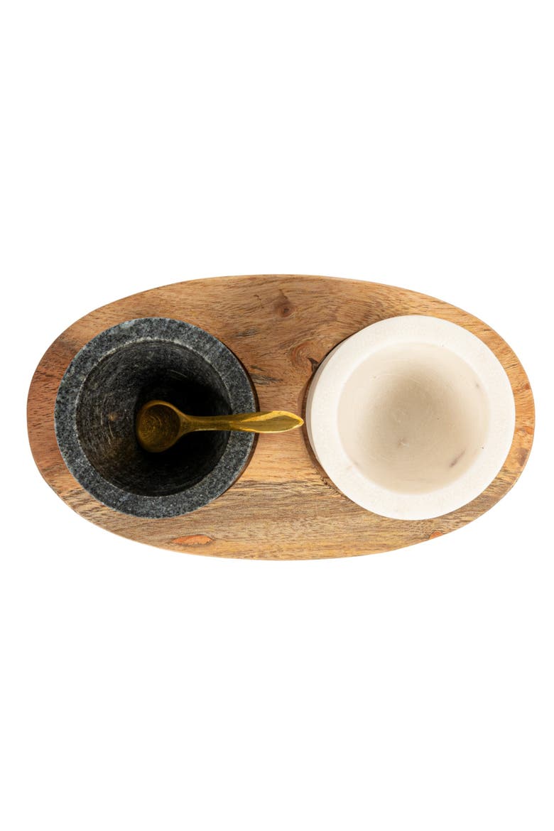 Round Marble Bowls on Mango Wood Tray with Brass Salt Spoon, White and Black, Set of 2, Alternate, color, White