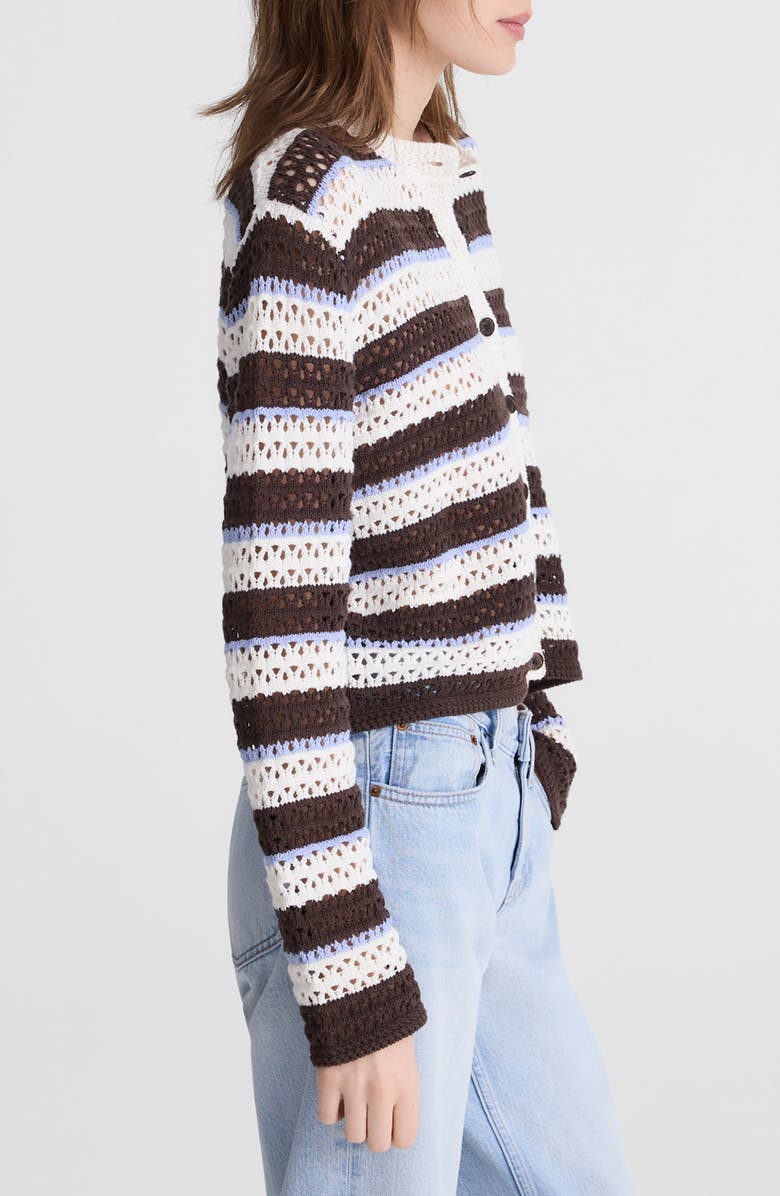 Madewell Stripe Pointelle Cardigan, Alternate, color, Ivory And Brown Multi Stripe