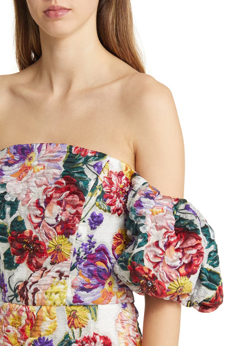 Marchesa Notte Floral Puff Sleeve Fil Coupé Cocktail Dress, Alternate, color, Ivory Floral