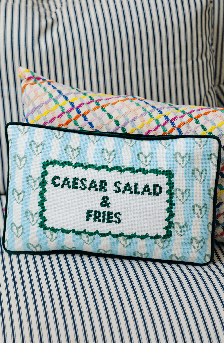 Furbish Girl Dinner Needlepoint Pillow, Alternate, color, Dark Green