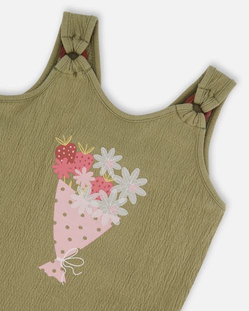 Deux Par Deux Girl's Crinkle Jersey Tank Top Floral Olive Green In Floral Olive Green