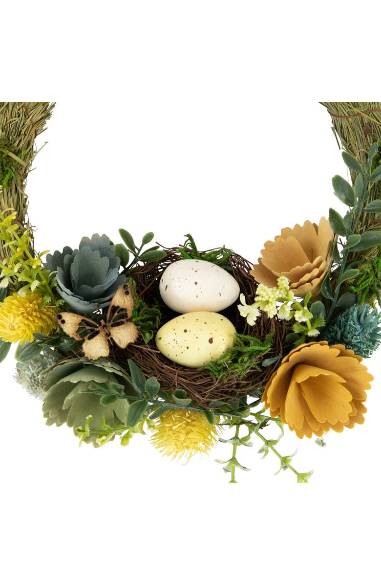 Northlight 12" Easter Egg and Bird Nest Wreath with Wooden Flowers, Alternate, color, Green