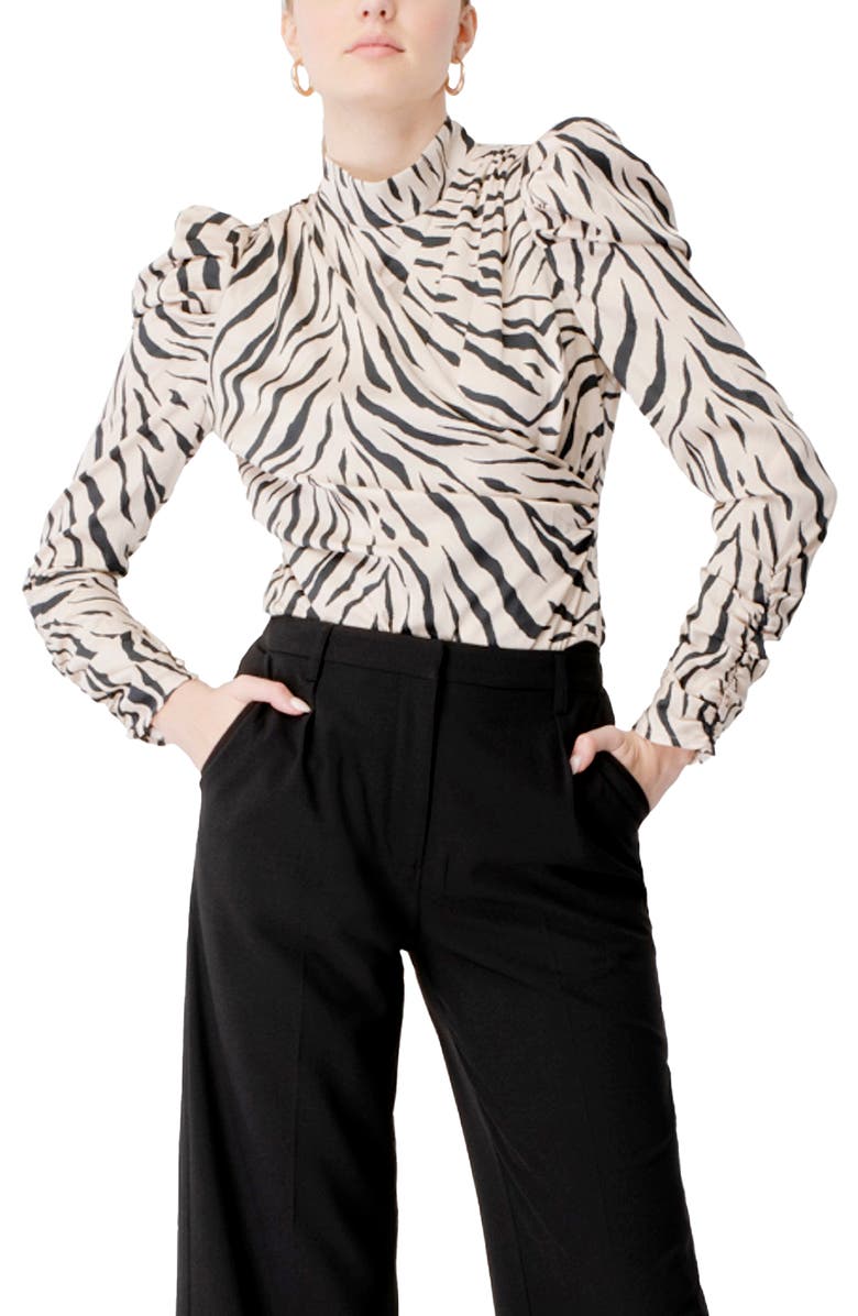 Bardot Ruched Tiger Print Bodysuit, Main, color,