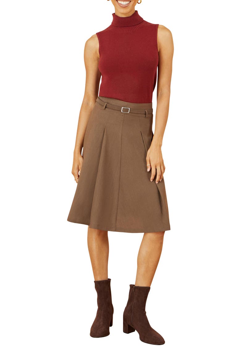 Pleated Midi Skirt With Belt, Alternate, color, Brown