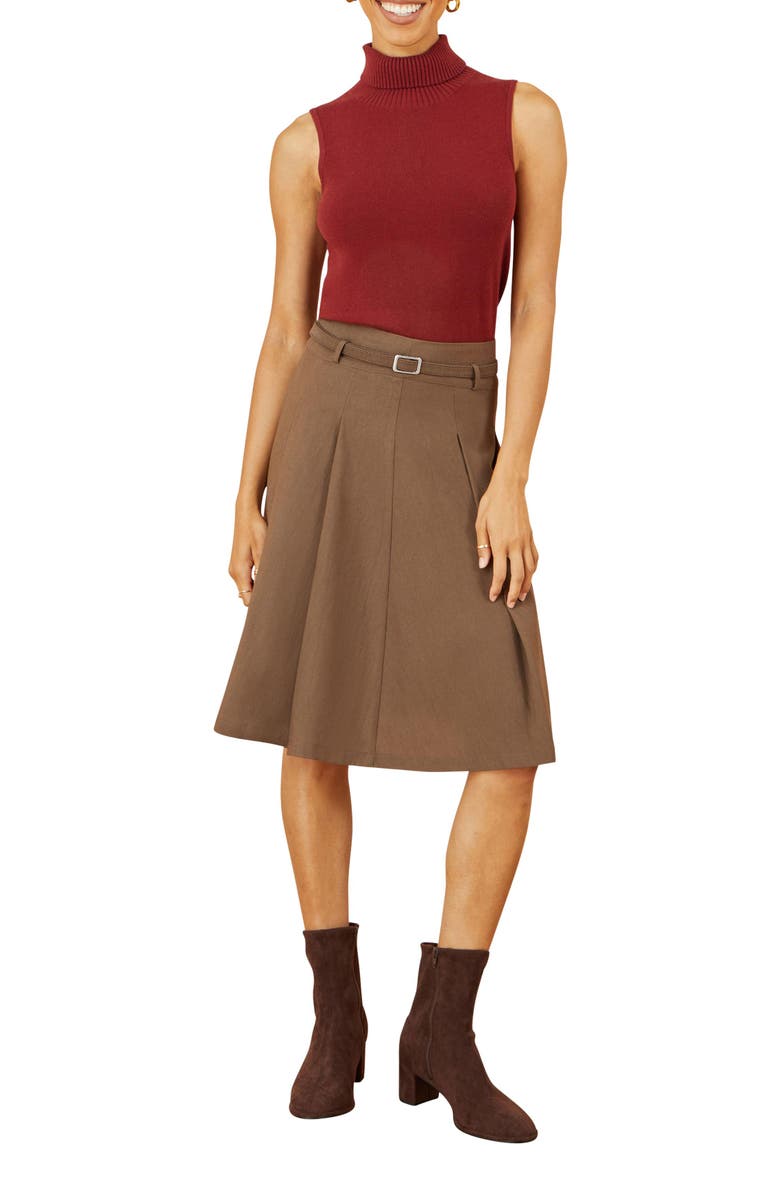 Yumi Pleated Midi Skirt With Belt, Alternate, color, Brown