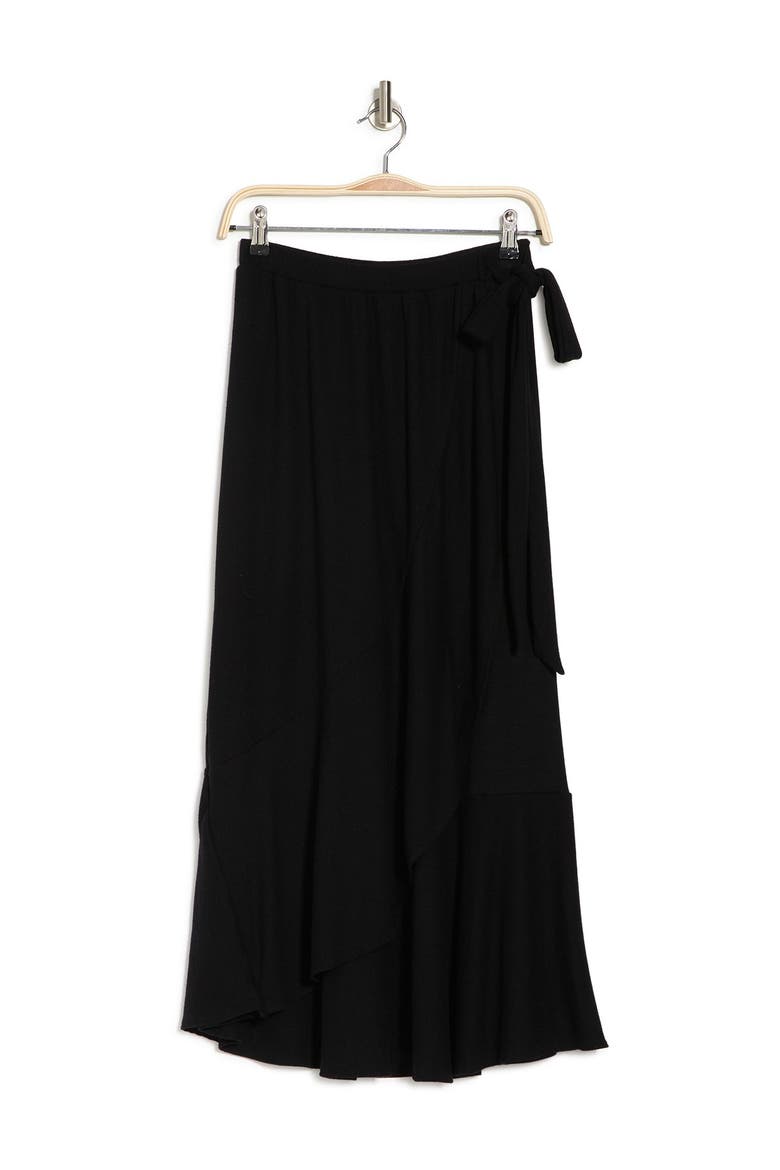 Faux Wrap Midi Skirt, Alternate, color, BLACK
