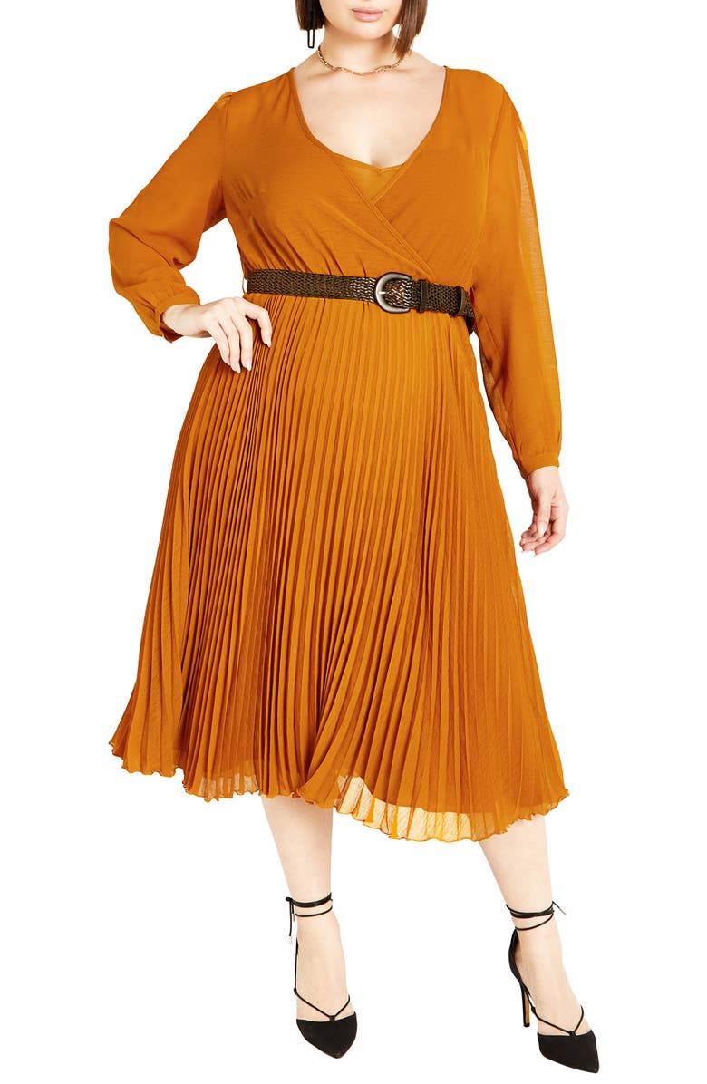 City Chic Precious Pleat Belted Long Sleeve Midi Dress, Main, color, 