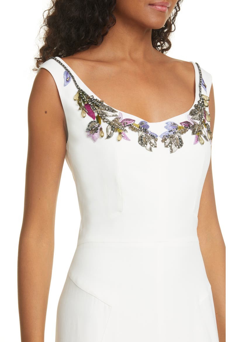 Alexander McQueen Embellished Neck Crepe Sheath Gown, Alternate, color, LIGHT IVORY