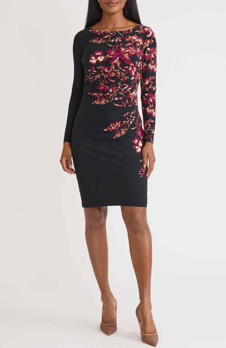 KASPER Floral Long Sleeve Side Ruched Jersey Dress, Main, color, Black/ Shiraz Multi
